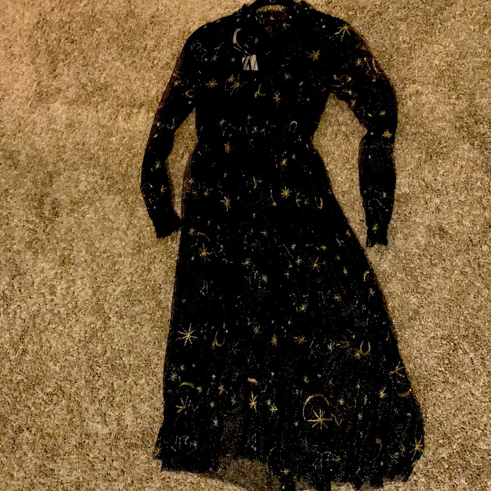 Blue dress, sheer with blue slip dress under, celestial embroidery